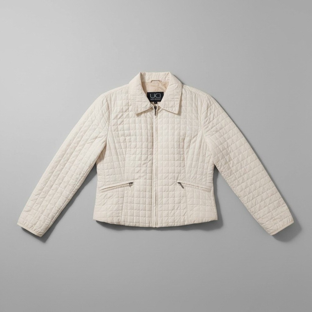 Utex Design Womens Quilted Grid Zip Up Jacket Cream Off-White Large CA07101